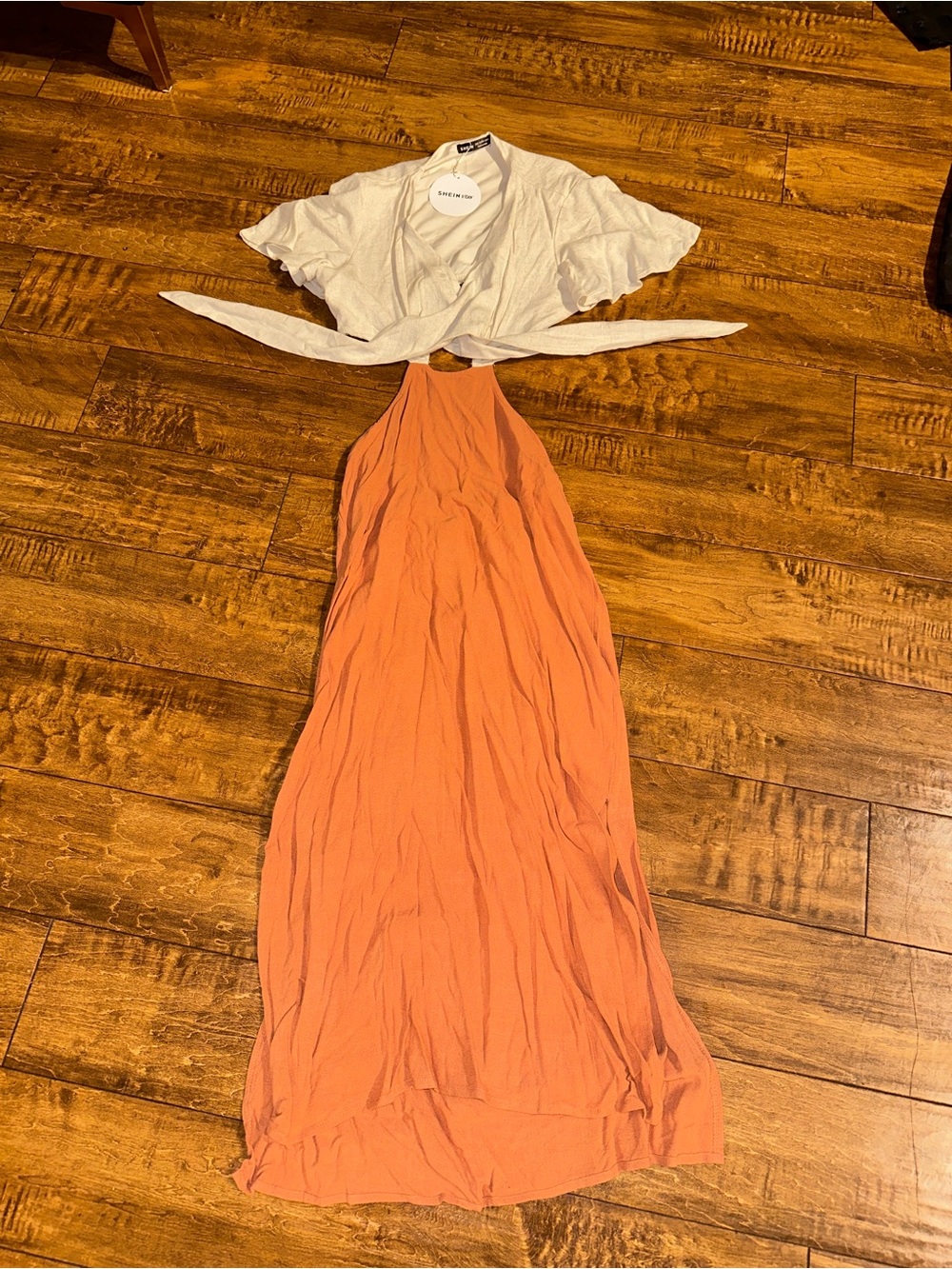 Short Sleeve Orange Halter Maxi Dress with White Wrap Top